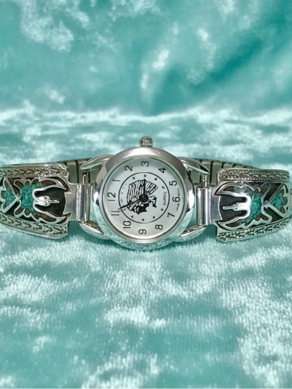 Silver Indian Head Watch Sterling Navajo Turquoise/Coral Thunderbird Band